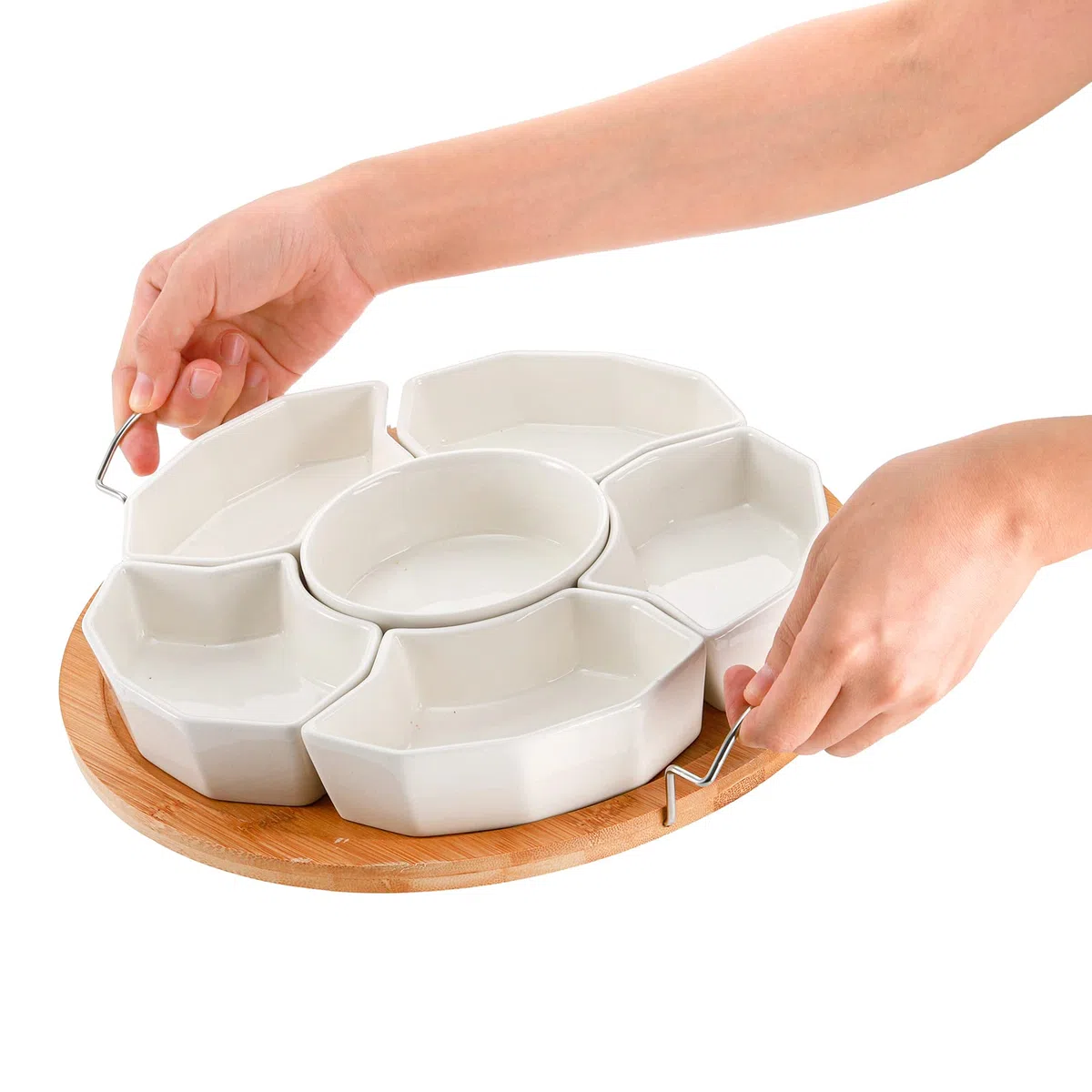 ZENFUN Serviertablett und Platte, 27,9 cm unterteilte Dipschalen mit Bambus-Tablett, abnehmbare Vorspeisen-Snack-Schalen mit 6 Fächern, runde Servierplatte für Chips und Dips, Obst, Gewürze