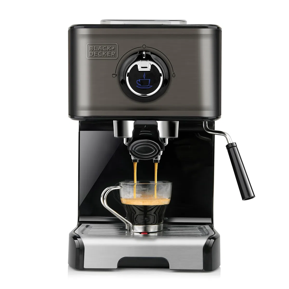 BLACK+DECKER BXCO1200E - Espressomaschine, 15 Bar, 1.200W, Thermoblock-Schnellerhitzung, Milchaufschäumer, gemahlener Kaffee oder Kaffepads, Edelstahl, schwarz