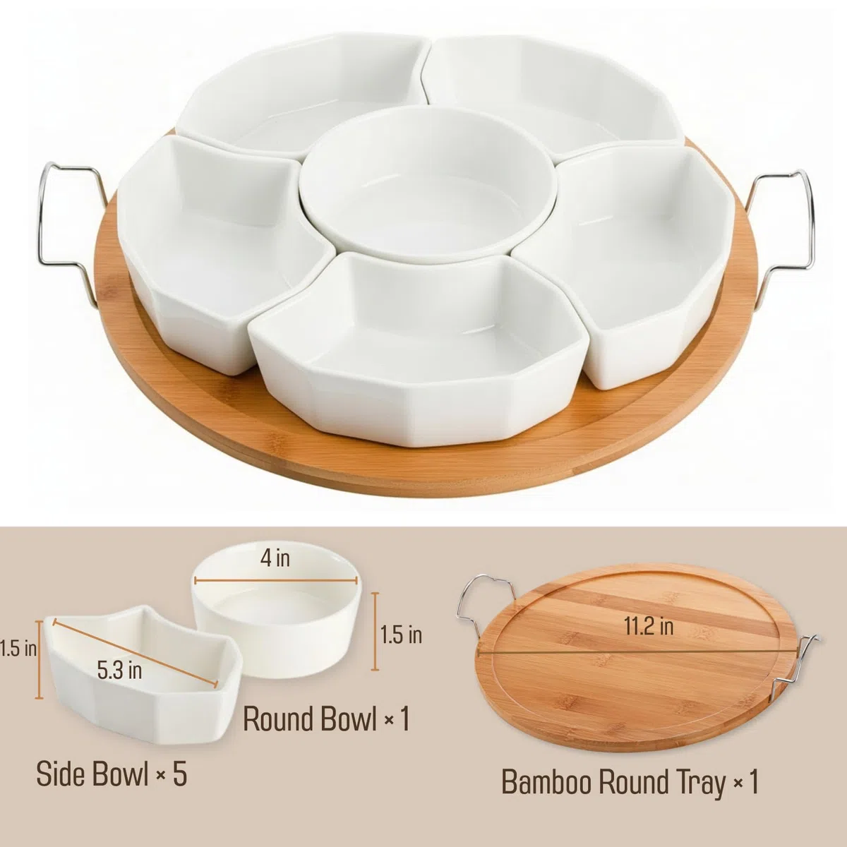 ZENFUN Serviertablett und Platte, 27,9 cm unterteilte Dipschalen mit Bambus-Tablett, abnehmbare Vorspeisen-Snack-Schalen mit 6 Fächern, runde Servierplatte für Chips und Dips, Obst, Gewürze
