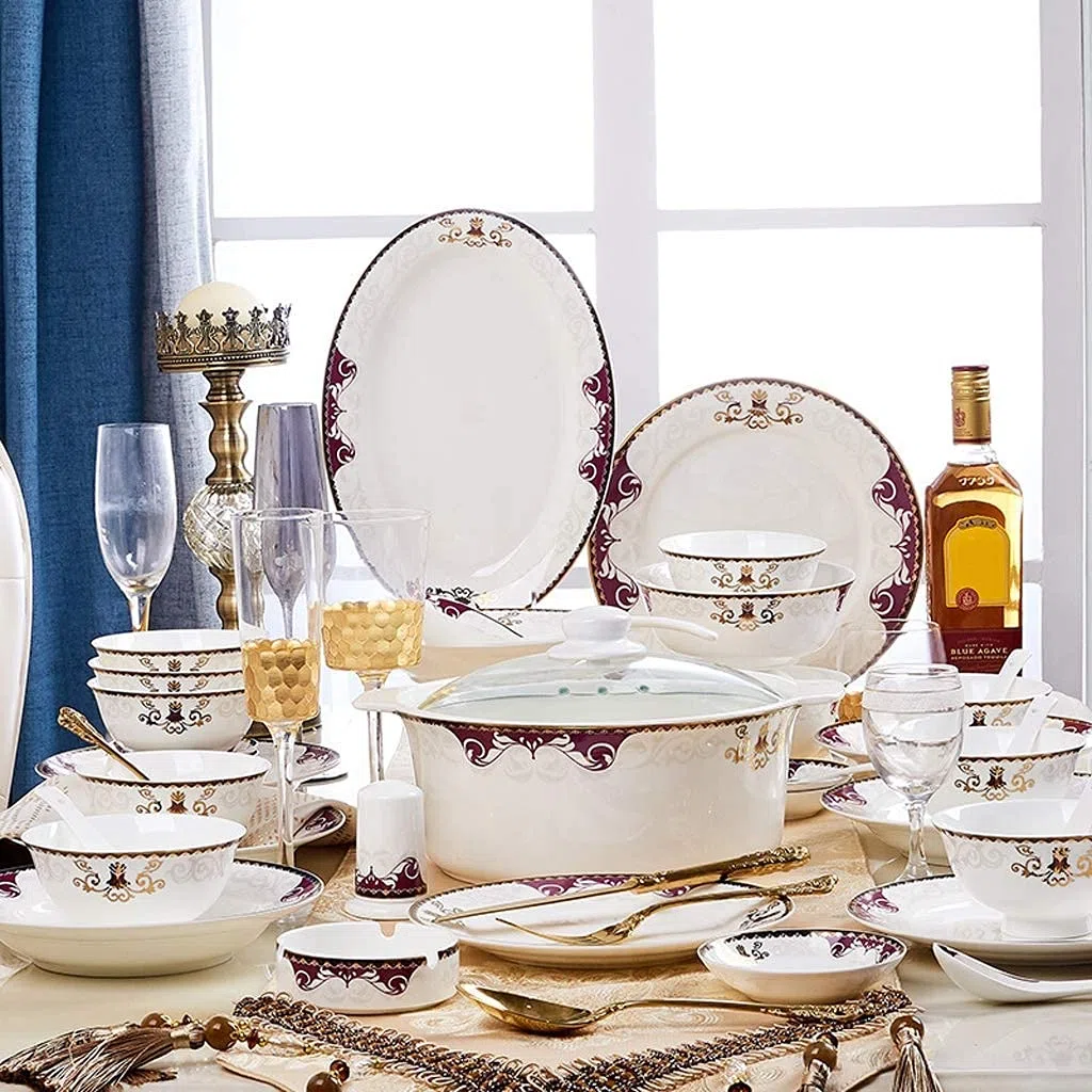 46-teiliges Keramik-Geschirr-Set, Schüssel/Teller/Suppentopf/LöffelGeschirr-Set, violett-goldfarben, Roland-Muster, Kombinationsgeschirr-Set, kompatibel mit Bankett