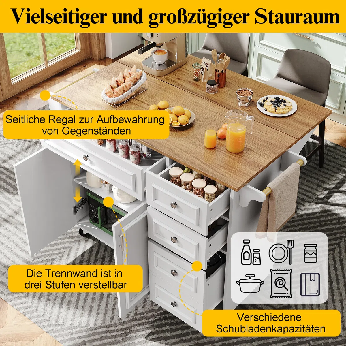 Küchenwagen, Kücheninsel mit Arbeitsplatte klappbar, Modern Küchenschrank, Servierwagen Buffetschrank mit Rollen und Handtuchhalter, Küchensiland mit 4 Schubladen, 2 Türen,110×45-75×92cm (Weiß)