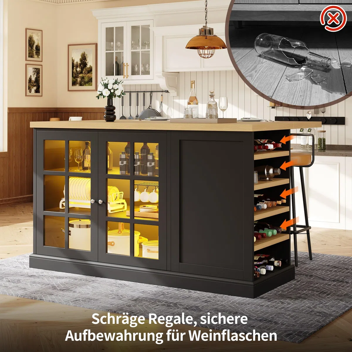 Klappbare Kücheninsel mit Weinregal & RGB LED – Tischplatte 40–70 cm, schräge Weinablagen, App-Steuerung, Schwarz Küchenschrank mit Arbeitsplatte für kleine Apartments, 120 * 40-70 * 90CM,F