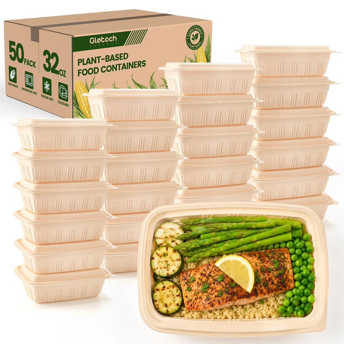 100 Stück (50 Stück) Meal Prep Bowl Container mit Deckel, Maisstärke, runde Lebensmittelbehälter für Mittagessen, Salat, Delikatesse, Suppe, BPA-frei, pflanzliche Behälter, zum Herausnehmen