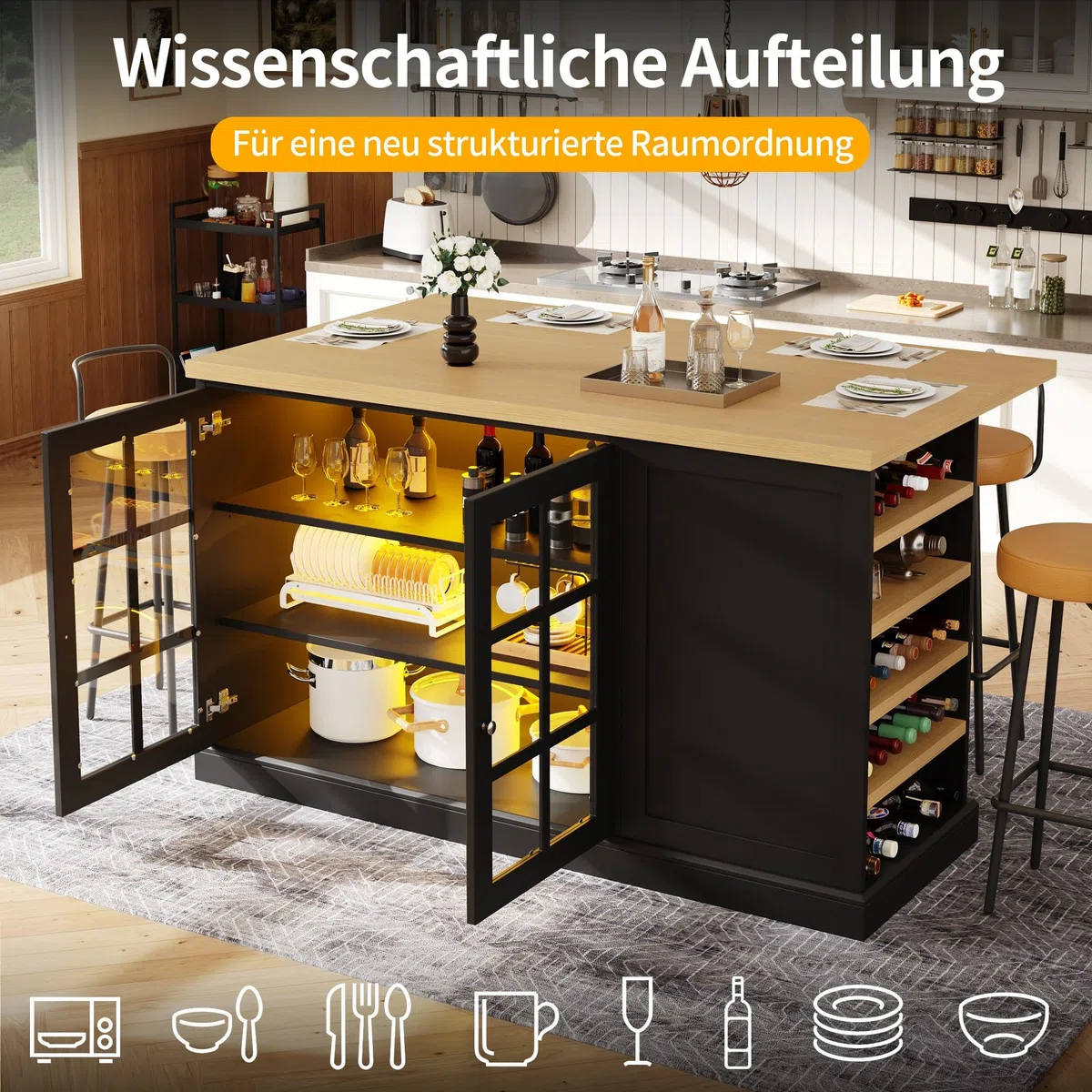 Klappbare Kücheninsel mit Weinregal & RGB LED – Tischplatte 40–70 cm, schräge Weinablagen, App-Steuerung, Schwarz Küchenschrank mit Arbeitsplatte für kleine Apartments, 120 * 40-70 * 90CM,F