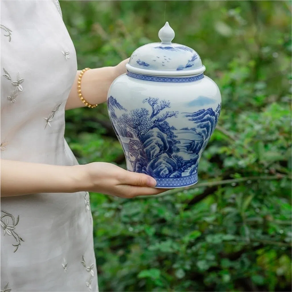Zuckerdose Blaues und weißes Porzellan-Vorratsglas for Tee, Retro-Keramik, versiegeltes Glas, Haushalts-Snackglas, Bonbonglas, Einzelglas Teeblätter Aufbewahren(B)