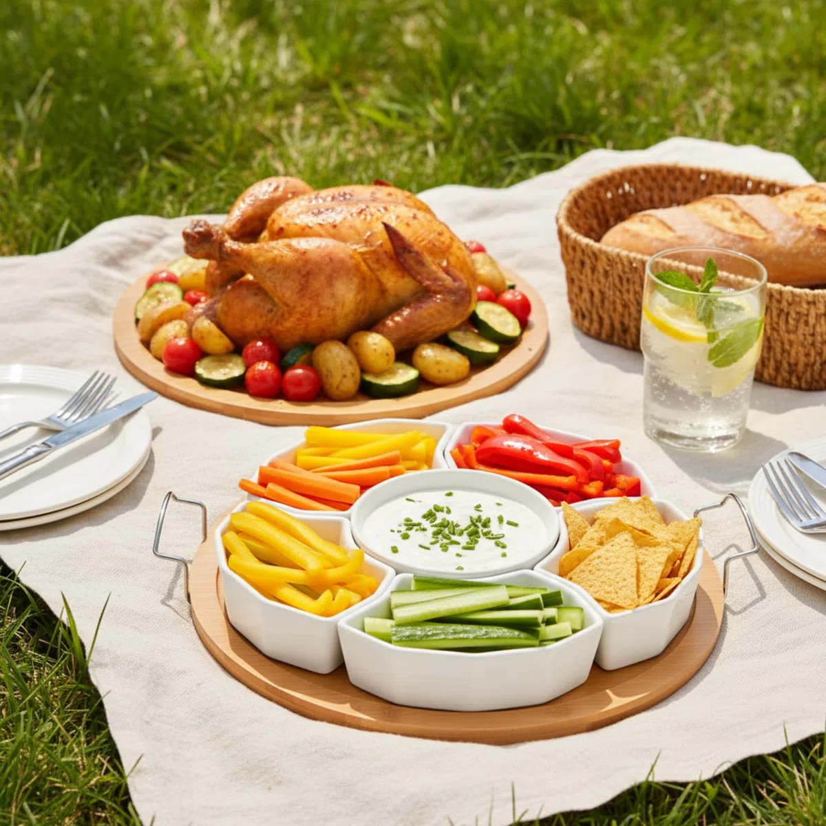 ZENFUN Serviertablett und Platte, 27,9 cm unterteilte Dipschalen mit Bambus-Tablett, abnehmbare Vorspeisen-Snack-Schalen mit 6 Fächern, runde Servierplatte für Chips und Dips, Obst, Gewürze