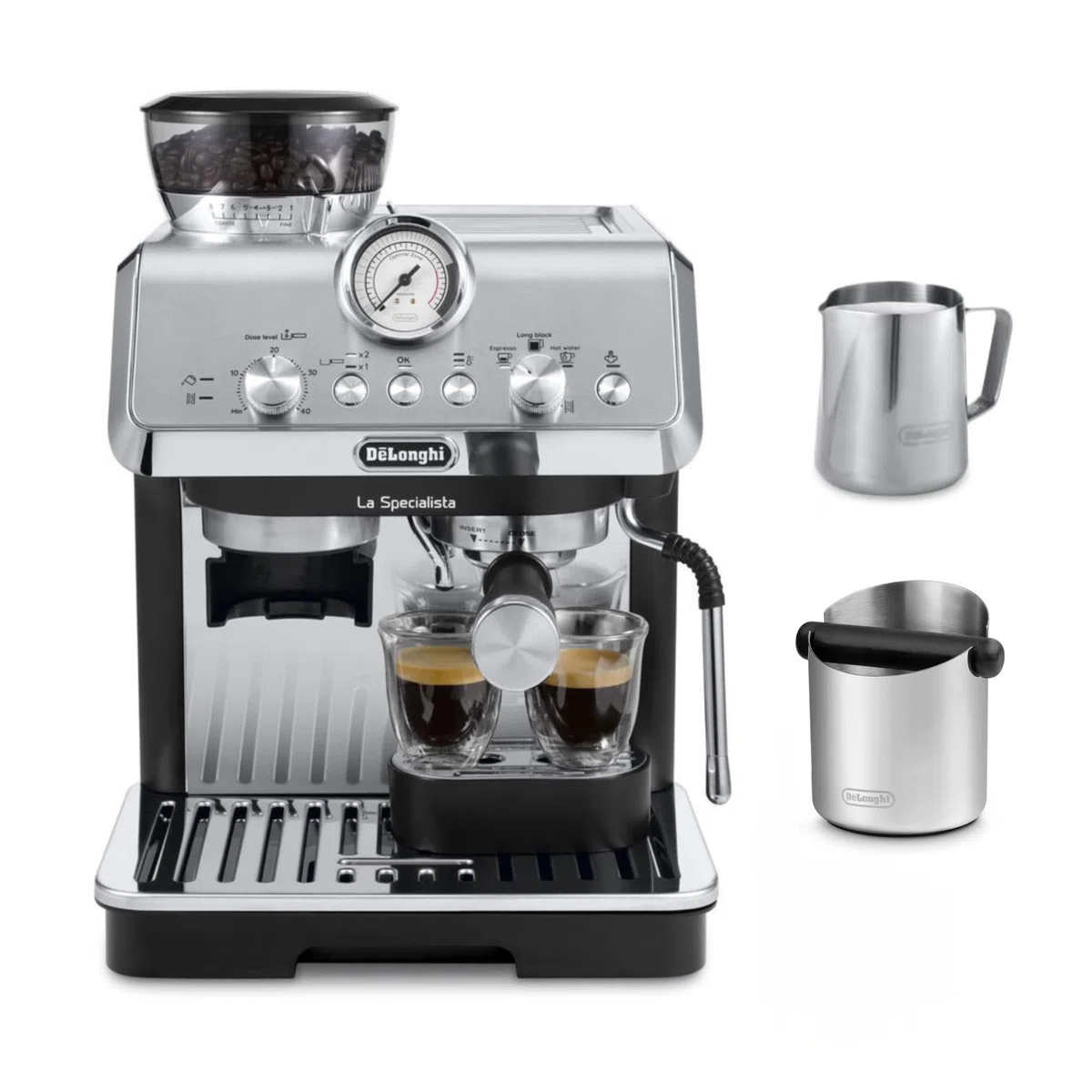 De'Longhi Siebträgermaschine La Specialista Arte EC9155.MB, Espressomaschine mit Mahlwerk, 1550W, 1,7L Tank, Edelstahl/Schwarz inkl Abklopfbehälter für Siebträger DLSC084, Abschlagbox