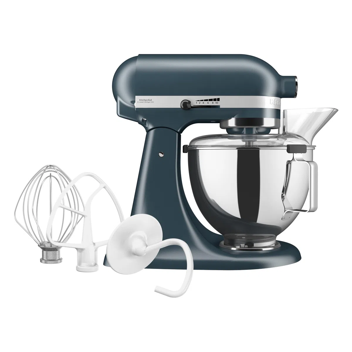 KitchenAid Classic 4,3L Küchenmaschine mit Schwenkkopf, 10 Stufen mit Sanftanlauf, Flachrührer, Knethaken & Schneebesen, Planetenrührwerk, 59 Schüsselkontaktpunkte, Blue Steel