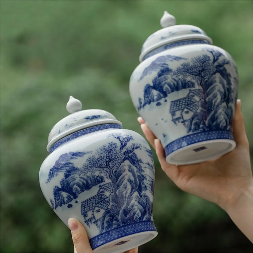 Zuckerdose Blaues und weißes Porzellan-Vorratsglas for Tee, Retro-Keramik, versiegeltes Glas, Haushalts-Snackglas, Bonbonglas, Einzelglas Teeblätter Aufbewahren(B)