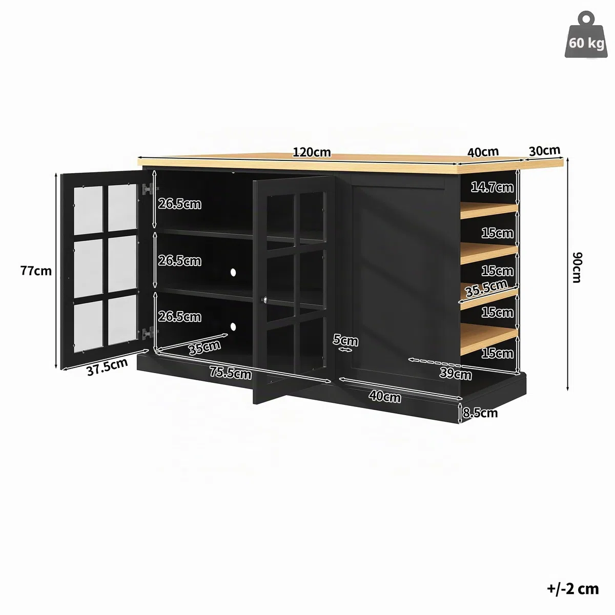 Klappbare Kücheninsel mit Weinregal & RGB LED – Tischplatte 40–70 cm, schräge Weinablagen, App-Steuerung, Schwarz Küchenschrank mit Arbeitsplatte für kleine Apartments, 120 * 40-70 * 90CM,F