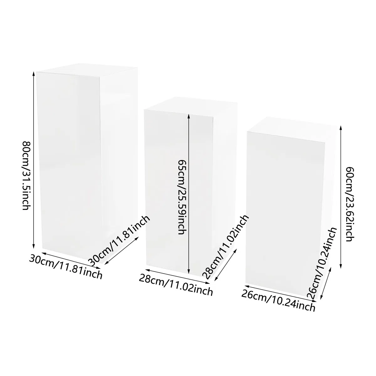 Acryl Würfel Display Block, 3 Stück Quadratischer Ständer 60/65/80cm(Weiß)