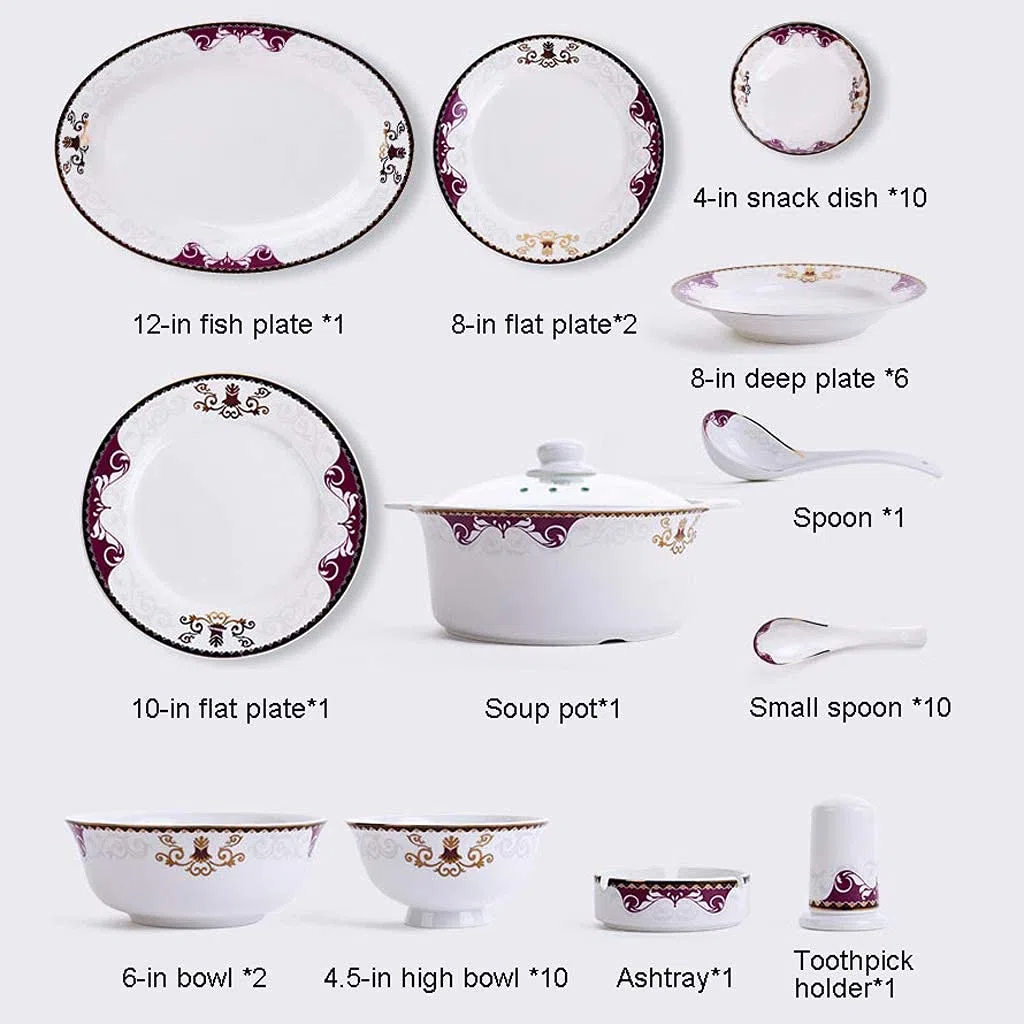 46-teiliges Keramik-Geschirr-Set, Schüssel/Teller/Suppentopf/LöffelGeschirr-Set, violett-goldfarben, Roland-Muster, Kombinationsgeschirr-Set, kompatibel mit Bankett